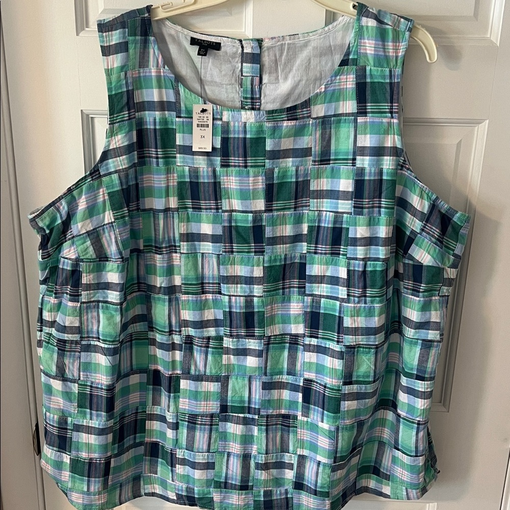Talbots Patchwork Button Back Tank Top Blue Madra… - image 4